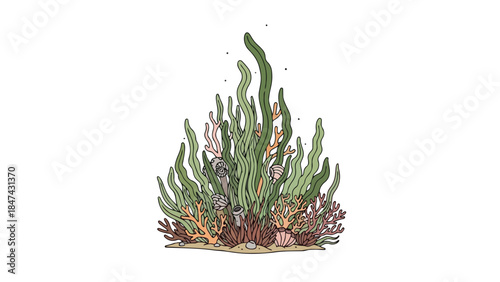Vibrant underwater garden illustration featuring lush green kelp and colorful coral formations on a sandy seabed