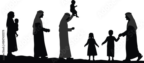 Muslim family silhouette, traditional attire, cultural bonding, parenting moments, father and child, mother and baby, outdoor interaction, black vector art, cad drawing flat vector illustration