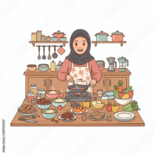 A Muslim woman wearing a hijab is cooking in the kitchen.