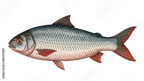 Detailed illustration of a shimmering freshwater fish with scales and fins against a clean white background