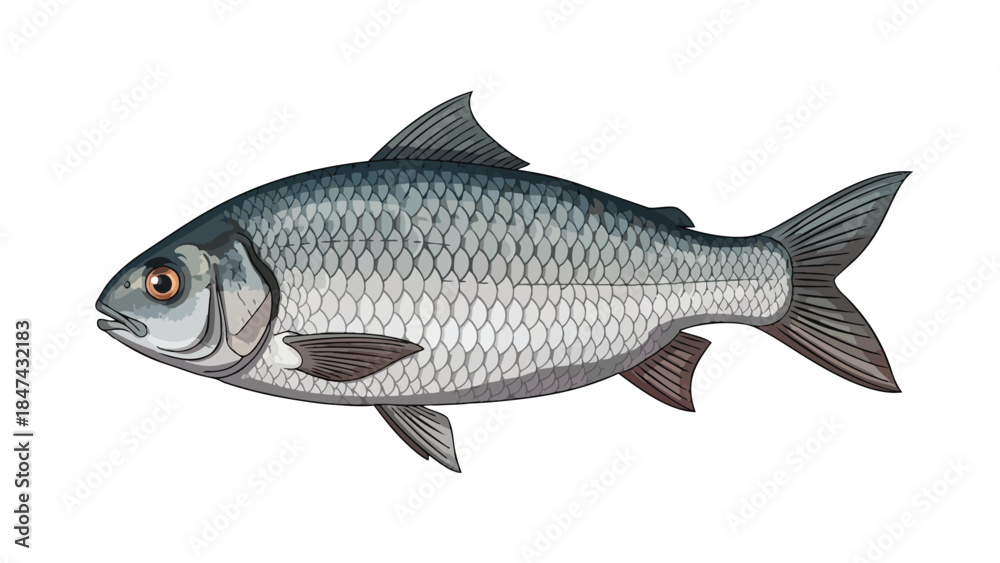 Obraz premium Detailed Illustration of a Silver Freshwater Fish with Intricate Scale Detail against a Clean White Background