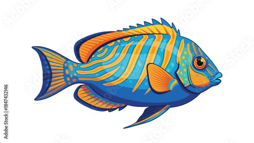 Vibrant Blue and Orange Striped Tropical Fish Illustration on White Background