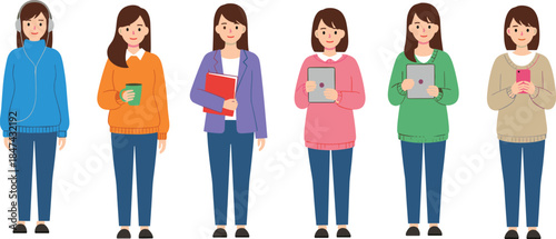 Diverse young women in casual outfits holding tech and lifestyle items, standing together, modern female characters for digital content.