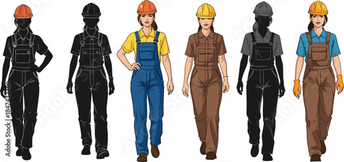 Female construction workers walking in line with hard hats, diverse outfits, monochrome and color contrast, teamwork, labor, industry, empowerment
