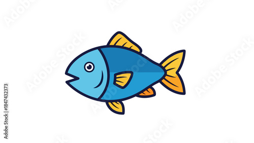 Whimsical blue and yellow cartoon fish illustration with bold outlines against a clean white background