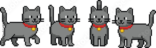 Cute gray pixel art cat animation set, walking sitting poses, retro game pet character sprites illustration