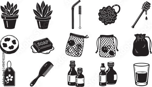 Assortment of black and white icons for eco-friendly and personal care items Keywords: potted plant, straw, straw cleaner, bath sponge, honey