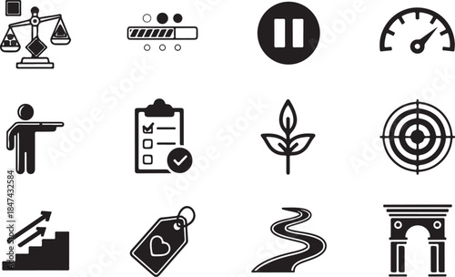 Collection of black and white icons representing business goals and progress Keywords: business, icon, symbol, set, collection, progress, goal