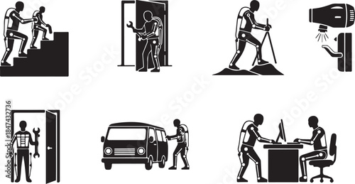Collection of eight black silhouette icons depicting robotic assistance and daily tasks