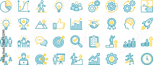 Business growth success line icons set, strategy analytics teamwork innovation leadership achievement symbols, modern outline vector illustration collection