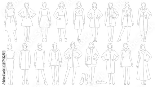 Collection of simple line art illustrations featuring women dressed in various contemporary outfits and shoes