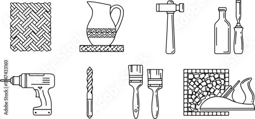 Line art illustrations of tools and building materials hammer chisel