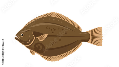 Artistic depiction of a brown sole fish with detailed fins and scales isolated on a white background
