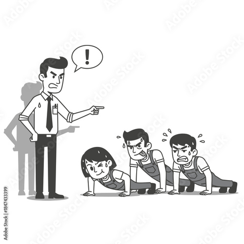 Team facing punishment as a boss reprimands them with a gesture, a scene of workplace discipline and negative consequences
