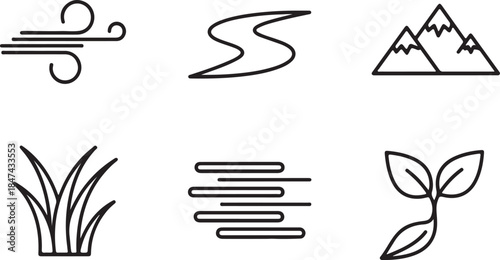 Simple Outline Icons Representing Natural Elements and Forces Keywords: wind, breeze, air, flow, stream, river, road, winding, path, mountains