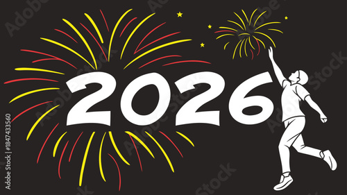 Celebrating the New Year 2026 with Fireworks and Excitement: A Person Reaching for the Sky in Joyful Anticipation, Festive Celebration