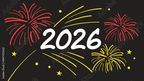 Celebrating 2026 New Year with Fireworks, a festive display of red and yellow bursts illuminating the year ahead, perfect for festive occasions and celebrations.