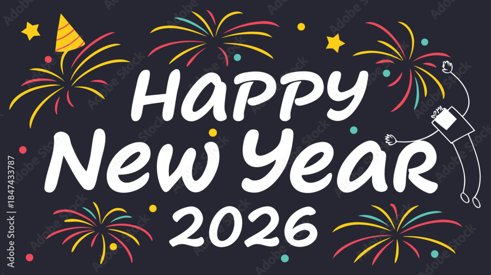 Obraz premium Festive Happy New Year 2026 Celebration Artwork with Fireworks, Party Hat, and Confetti, Perfect for Holiday Greetings and Celebratory Designs