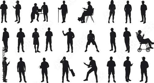 Silhouette people vector collection, diverse human poses, mobility aids, walking sitting standing, expressive gestures, inclusive lifestyle icons, cad drawing flat vector illustration
