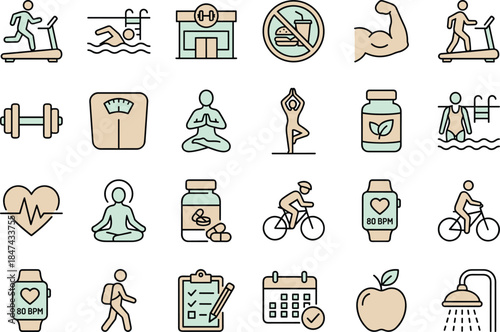 Healthy lifestyle fitness line icons set, exercise wellness gym nutrition yoga activity healthcare symbols, modern outline vector illustration collection