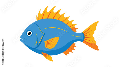 Vibrant blue cartoon fish with striking orange fins and tail fins swimming gracefully in aquatic environments