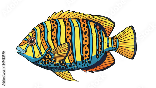 Vibrant Tropical Fish Illustration with Striking Yellow Orange and Blue Patterned Scales