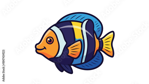 Vibrant Cartoon Angelfish Illustration with Striking Blue and Orange Hues on a Clean White Background