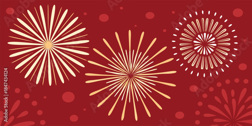 Celebratory fireworks display with radiating golden and white bursts against a vibrant red backdrop adorned with scattered circular elements creating a festive and energetic atmosphere