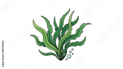 Vibrant underwater aquatic plant illustration with delicate bubbles signifying life and growth in a serene aquatic environment