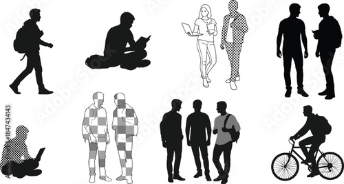 Silhouettes of people, walking, reading, laptop use, conversation, cycling, halftone texture, block pattern, social interaction, urban lifestyle, cad drawing flat vector illustration