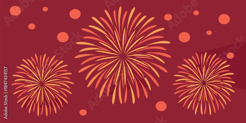 Vibrant abstract fireworks display with glowing orange and yellow bursts against a deep red background, creating a festive and celebratory atmosphere with scattered circular elements.