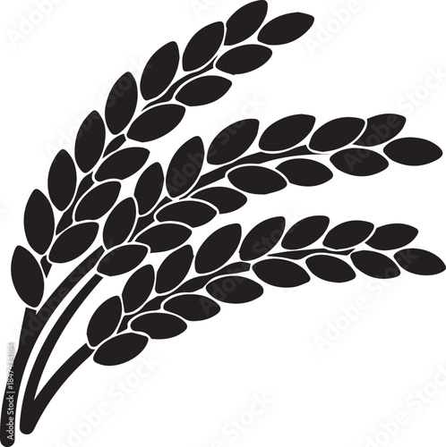 Rice plant silhouette, black rice stalks, agricultural icon, food crop design, farming symbol, harvest season, grain illustration, nature element, rural art, botanical graphic