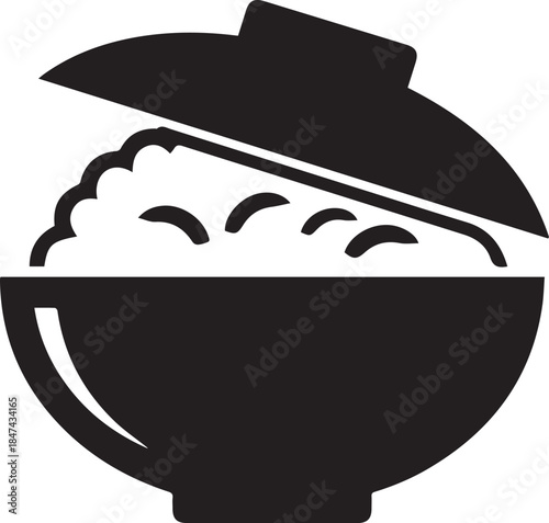 Rice bowl with lid, black icon, food symbol, meal graphic, nutrition design, serving dish, culinary element, restaurant logo, grain illustration, Asian cuisine art