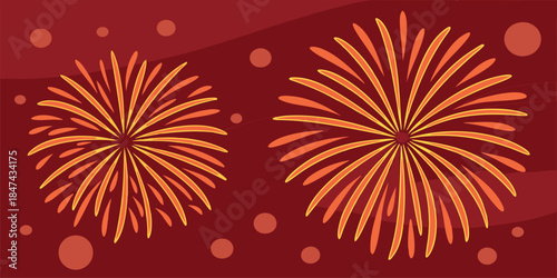 Two vibrant orange and yellow fireworks explode against a deep red backdrop with subtle circular patterns creating a festive and celebratory atmosphere perfect for holidays and events