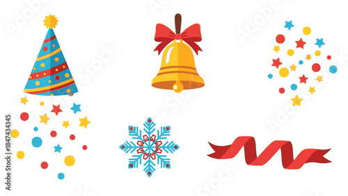 A festive icon set for Christmas Day featuring a party hat, bell with bow, colorful stars, snowflake, and ribbon on a white background with a joyful and celebratory mood.