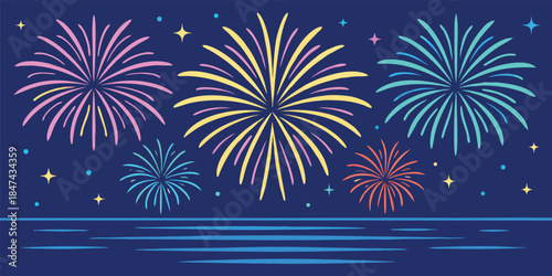 Vibrant colorful fireworks exploding over calm dark blue water surface reflecting the festive display with scattered stars in the night sky