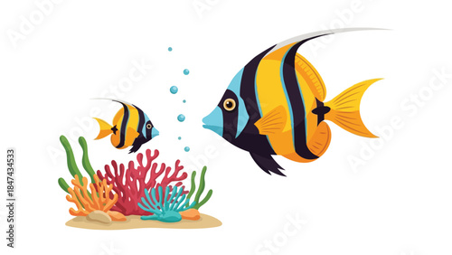 Vibrant Aquatic Duo Swimming Gracefully Amidst Colorful Coral Reef and Bubbles