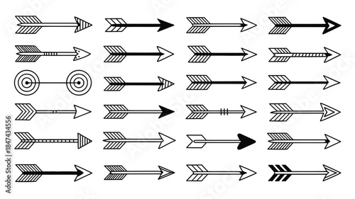 Diverse set of hand drawn style arrows with various fletching and shaft patterns pointing right