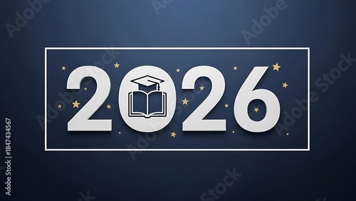  2026 New Year Graduation and Academic Success Concept with Education Icons and Golden Stars on Dark Blue Background for Student Achievement and Educational Milestones in the Coming Year