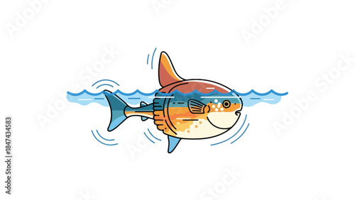 Stylized cartoon illustration of a large ocean sunfish swimming through vibrant blue wavy water against a clean white background