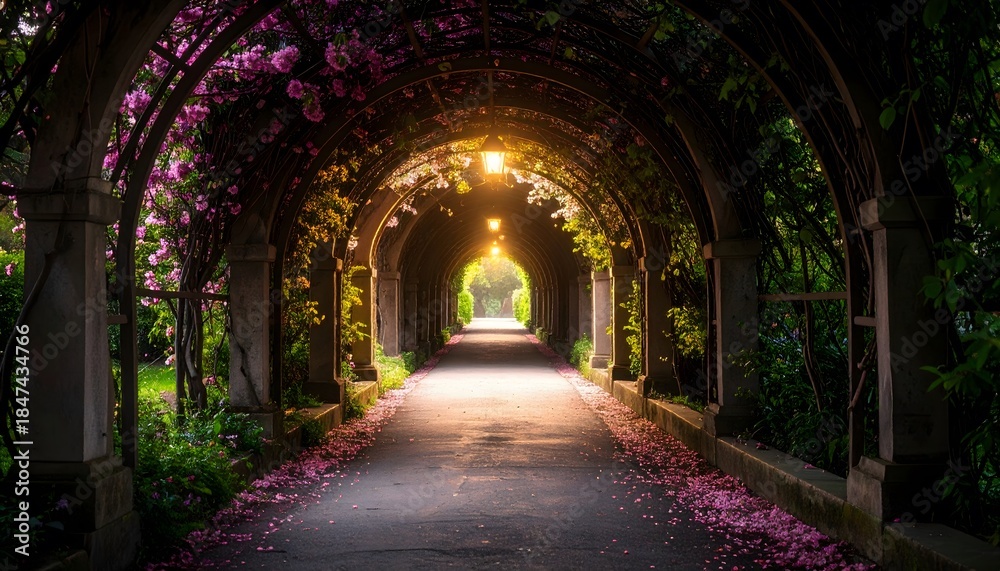 Fototapeta premium Illuminated Floral Tunnel: A Serene Pathway of Light and Blossoms