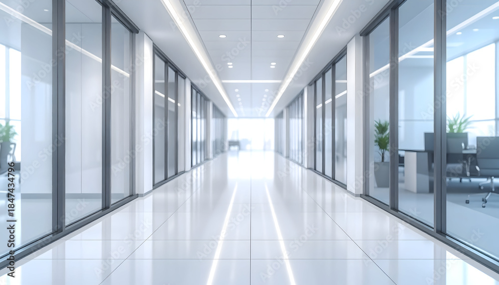 Obraz premium Modern glass office corridor with bright reflections and symmetry.
