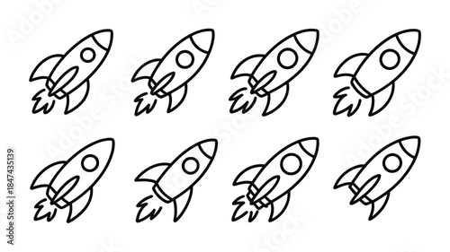 Eight identical line drawn rocket ships with a circle window and fiery exhaust plumes