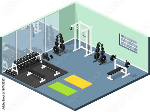 A detailed isometric view of a gym features a mirrored wall, dumbbell racks, flat benches, a squat cage, and a bench press station arranged on a blue floor near green and yellow yoga mats
