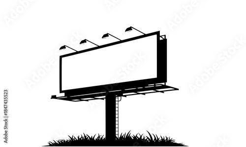 Blank billboard mockup silhouette on grass with spotlights, empty outdoor advertising hoarding sign, large street poster display template for marketing, black and white city billboard vector illustrat