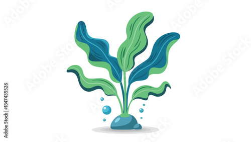 Vibrant aquatic plant with flowing leaves and delicate bubbles emerging from its base on a clean white backdrop