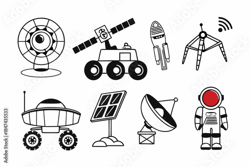 Collection of space exploration icons including a rover and astronaut