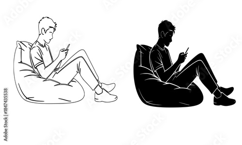 Man sitting in bean bag chair using smartphone, line art illustration of young male character relaxing with mobile phone, minimalist vector of person browsing social media on beanbag, black and white 
