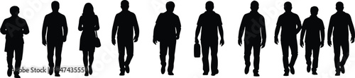Walking people silhouettes, diverse pedestrian vector, urban movement illustration, black and white art, cad drawing flat vector illustration, public commute scene