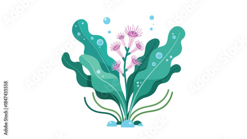Underwater Flora with Blooming Pink Blossoms and Bubbles Floating Serene Aquatic Plant Illustration